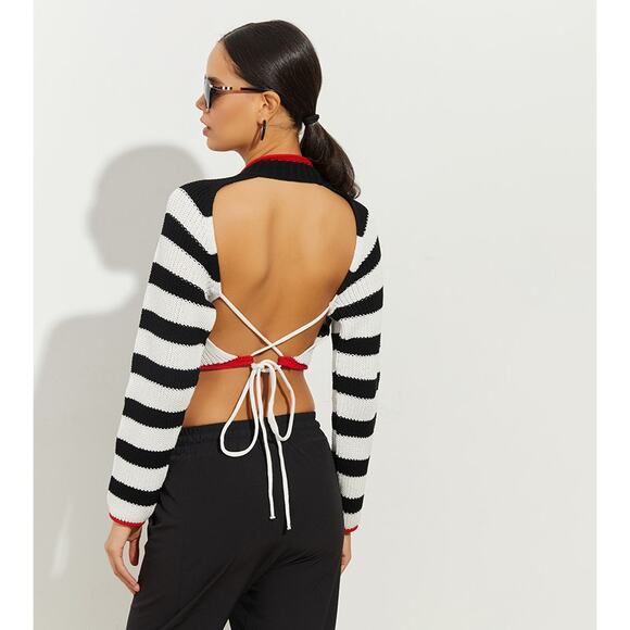 NWT Zara Navy/White Stripe Crop Open Back Tie Waist Knit Sweater Size Large - Picture 6 of 6